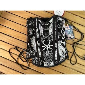 NWT Shirley of Hollywood Skull 32 Women Skull Black Lace Up Corset Thong 25977